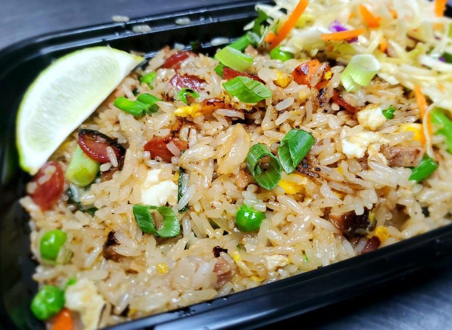 Garlic Fried Rice · Roasted garlic, egg, peas, carrot, onion, and Chinese sausage.