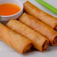 Vegetable Eggs Roll (2Pc) · 2 pieces. Hand made with carrots, cabbage, glass noodles, onions, black peppers, and ground ...