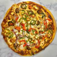 Bahubali Pizza · Masala sauce, malai chicken, lamb kebab, grated panner, onions, mushroom, bell pepper