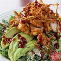 Southwest Crispy Bbq Chicken · Romaine tossed with ranch dressing, freeze-dried corn, grape tomatoes, jack cheese, black be...