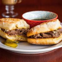 Classic Prime Rib Dip · tender thick sliced prime rib on a Macrina Giuesppe roll, served with au jus & opt’l horsera...