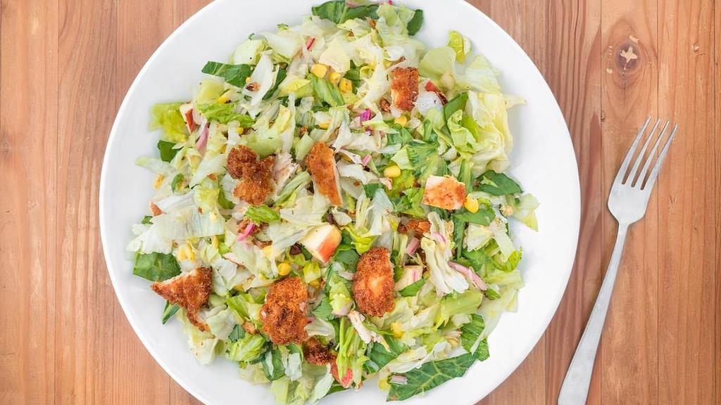 Crispy Chicken · Romaine, arugula, crispy chicken*, roasted corn, seasonal apple, feisty walnuts, pickled red onion, honey mustard dressing *now oven baked AND gluten free! Salads will have dressing on the side, wraps will be tossed with dressing.