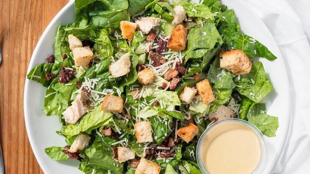 Chicken Caesar · Romaine, seared chicken, bacon, croutons, parmesan, caesar dressing *dressing contains almonds. Salads will have dressing on the side, wraps will be tossed with dressing.
