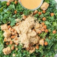 Hail To The Kale · Kale, tempeh, house-made parmesan*, crispy chickpeas, caesar dressing. *parm made with almon...