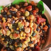 Chickpdx Bowl · Spinach, quinoa & a generous ladle of hearty chickpea chili,