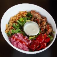 Beyond Cowboy Family · Romaine, arugula, Beyond Meat™, pickled red onions, spicy Mama Lil’s peppers, crispy onion s...