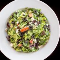 Greek To Me Family · Field Greens, spinach, black olives, tomato, raw red onion, garbanzo beans, cucumber, feta c...