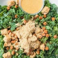Hail To The Kale Family · Kale, tempeh, house-made parm*, crispy chickpeas, caesar dressing *parm made with almonds, n...
