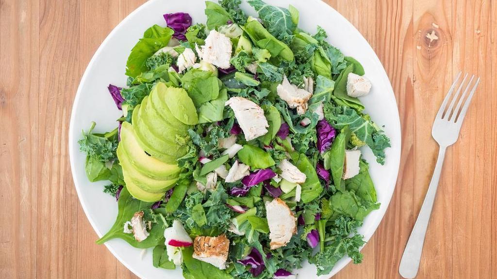 Kaleo Paleo Family · Spinach, kale, cabbage, avocado,  broccoli, cucumber, seared chicken,  basil lover’s dressing