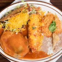 Morelia · Chile relleno, chicken enchilada, and a beef taco.