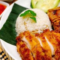Combo Khao Man Gai Tod + Gai Yang · Combination Thai-fried chicken and Thai-Northeast style grilled chicken with ginger rice ser...