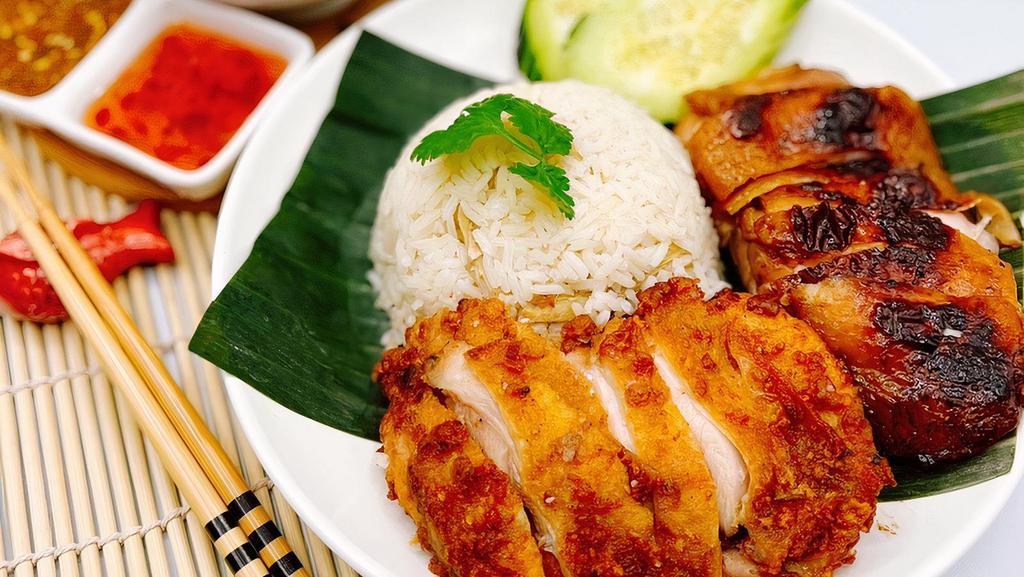 Combo Khao Man Gai Tod + Gai Yang · Combination Thai-fried chicken and Thai-Northeast style grilled chicken with ginger rice served with our signature sweet chili sauce and spicy Thai-Northeast style sauce, cucumber and tasty winter melon soup.