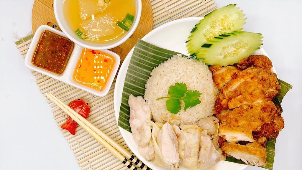 Combo Khao Man Gai + Gai Tod · Combination simmered chicken and 
Thai- fried chicken with ginger rice served with our signature soybean ginger sauce and sweet chili sauce, cucumber and tasty winter melon soup.