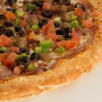 Super Combo Pizza · Pepperoni, Italian sausage, ham, beef, breakfast bacon, onion, green pepper, mushrooms, toma...