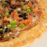 Nasty Boy Pizza · Pepperoni, Italian sausage, ham, beef, breakfast bacon, and your choice of two vegetables.