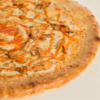 Frank'S Buffalo Chicken Pizza · Frank's hot sauce on the bottom and lots of chicken marinated in Buffalo sauce.