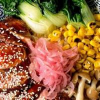 Teriyaki Rice Bowl · Choose from: Chicken, Steak, or Katsu. House teriyaki sauce, seasoned rice, roasted corn, pi...