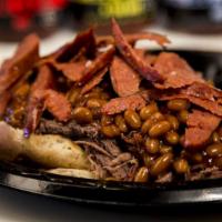Doghouse · Open-faced bun with brisket or pulled pork, covered in beans, both sausages, and cheese if y...