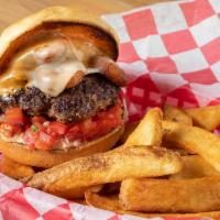 Jalapeño Reno · Pico de gallo, juicy burger, pepper jack, fried jalapeño, and chipotle aioli. Served with fr...