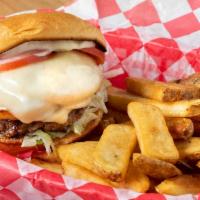 Aloha Burger · Marinated in teriyaki sauce, grilled pineapple, swiss cheese, lettuce, tomato, and mayo. Ser...