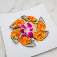 Baked Mussels · Baked mussels stuffed with spicy mayo and masago.