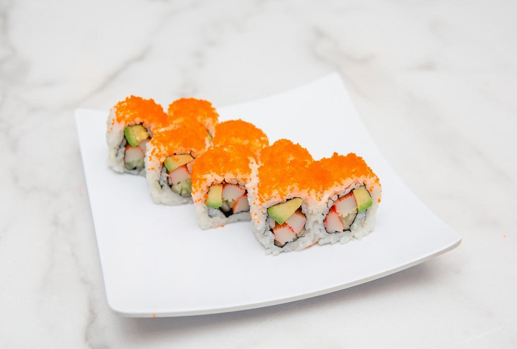 California Roll · Imitation crab, avocado, cucumber and topped with ma-sago.