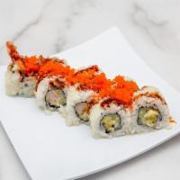 Crunchy Salmon · Tempura salmon, avocado, spicy mayo, tempura crumbs and masago.