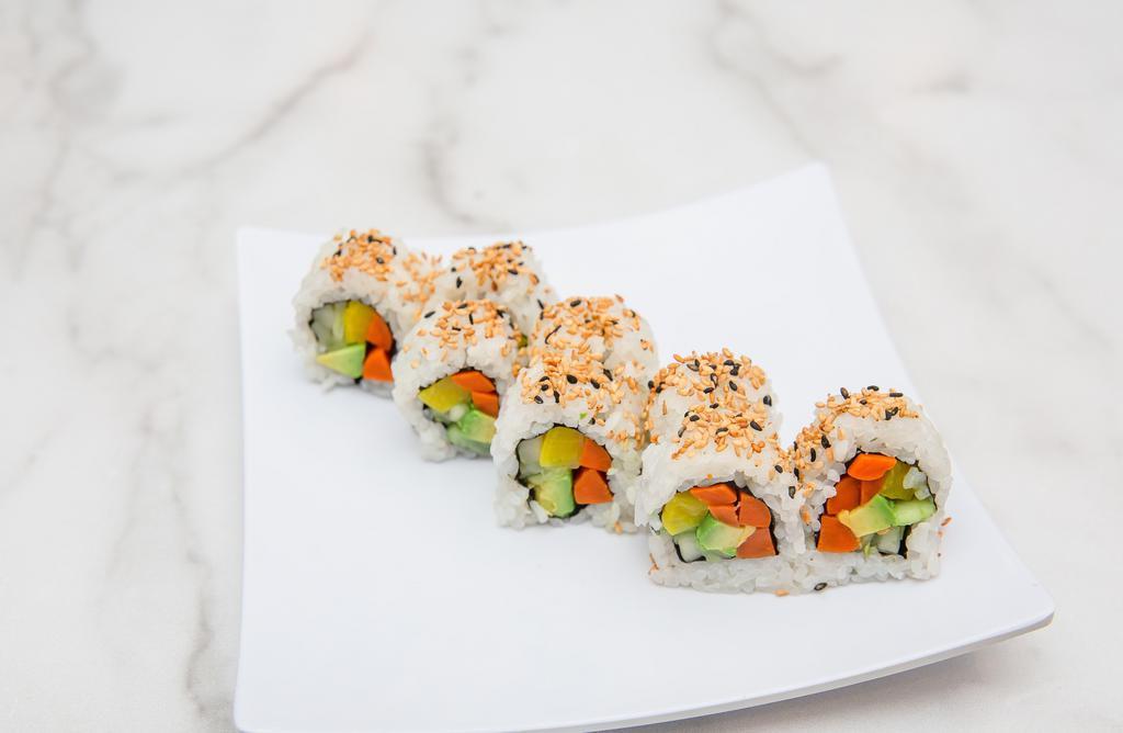 Veggie Roll · Avocado, cucumber, pickle daikon, pickle carrot, radish sprout and topped with sesame seeds.