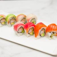 Rainbow Roll · Imitation crab, avocado, cucumber, and topped with assorted sashimi.