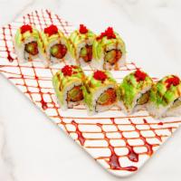 Blazer 0 Roll · Spicy tuna, tempura asparagus and topped with avocado, eel sauce, and tobiko.
