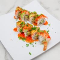 Sweet Shrimp · Tempura shrimp, avocado, cuucmber and topped with ebi, sweet chili sauce, green onion, and s...