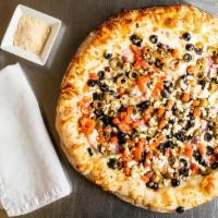 Mediterranean Chicken Pizza (Small) · Extra virgin olive oil topped with mozzarella, chicken breast, red onion, black and green ol...