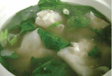Shrimp Wonton Soup · Shrimp stuffed wontons and spinach in clear broth. with green onions, cilantro, fried garlic