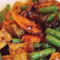 Pad Prik Khing · Stir-fried green beans, carrot, bell peppers and. finely sliced kaffir lime leaves with Thai...