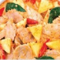 Spicy Pineapple Curry · Red paste, coconut milk, pineapple, bell pepper,. basil and shredded kaffir lime leaves