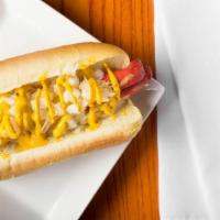 New York Style · Boar's Head  hot dog  with a  mustard, sauerkraut and onions.