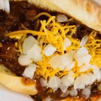 Chili Dog · Topped with chili, cheddar cheese and onions.