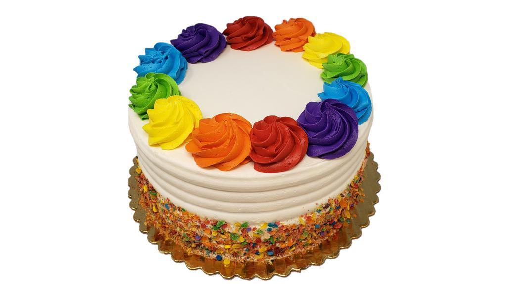 Rainbow Cake  · Double layer cake is shown in image. Cake is decorated as shown with our Rainbow layer cake and vibrantly decorated with Rainbow color rosettes & rainbow cake crumbs and sprinkles. If you would like writing on your cake, please specify message in Special Instructions box.