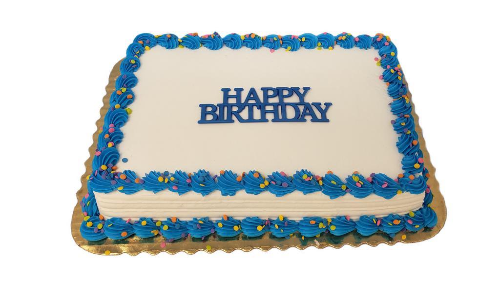 Happy Birthday Celebration Sheet Cake · Cake is decorated as shown with Happy Birthday topper. Pick your cake flavor, filling, icing and border/accent color! Garnished with sprinkles. If you would like writing on your cake, please specify message in Special Instructions box.