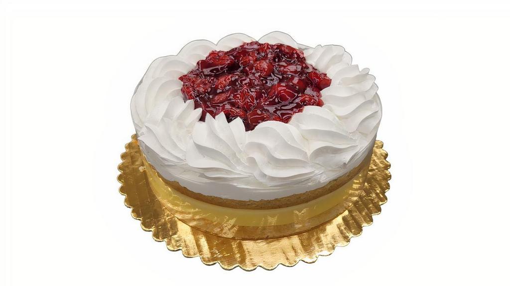 Cherry Boston · Cake is decorated as shown with white cake split and filled with Bavarian Cream. Topped with white whipped icing and garnished with a sweet cherry filling.