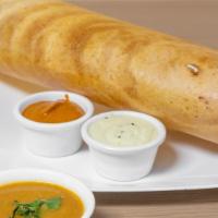 Paper Dosai · Thin rice crepes rolled and crispy. Served with sambar and chutney (Vegan).