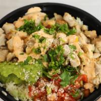 * Sd Chicken Breast Bowl · Grilled chicken, whole beans, rice, lettuce, salsa fresca, guacamole, chipotle sauce and enc...