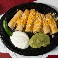 * 7 - Three Flautas + Rice & Beans · Sour cream, guacamole, and cheese. Served with rice and beans. Includes drink.