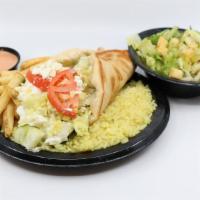 Veggie Yeero Plate · Crisp iceberg lettuce, tomatoes, cucumbers, onions, rice wrapped in a pita bread and topped ...