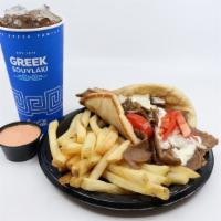 Yeero (Gyro) Combo · The hamburger of Greece! A mixture of lamb and beef cooked on a vertical rotisserie, sliced ...