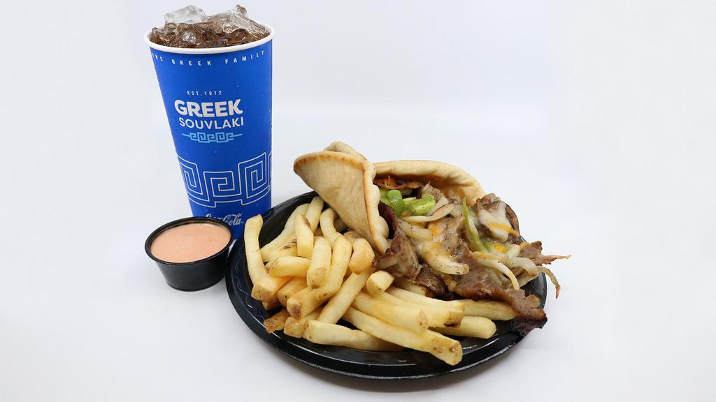 Philly Yeero Combo · A philly sandwich lovers paradise! Yeero meat with the combination of grilled green bell peppers, onions, and mushrooms; topped with a steak sauce and a mixture of cheeses. Combos include one side & medium drink.