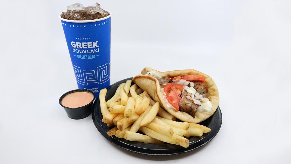 Pork Souvlaki In Pita Combo · Our pork souvlaki taken off stick and wrapped in pita bread. Topped with tomatoes and choice of white (tzatziki) or red sauce. Combos include one side  & medium drink.