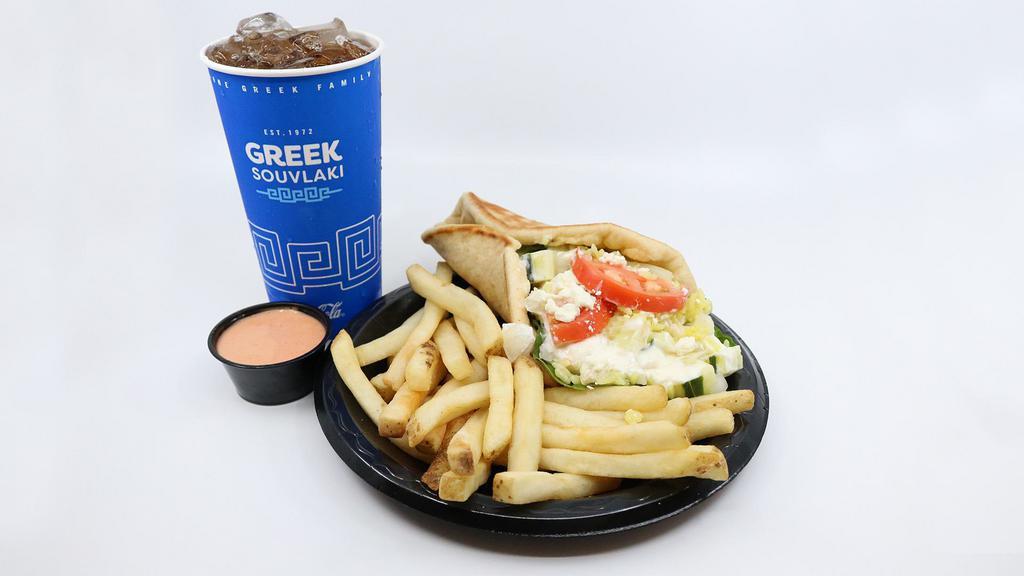 Veggie Yeero Combo · Crisp iceberg lettuce, tomatoes, cucumbers, onions, rice wrapped in a pita bread and topped with feta cheese and our white sauce (tzatziki). Combos include  one side & medium drink.