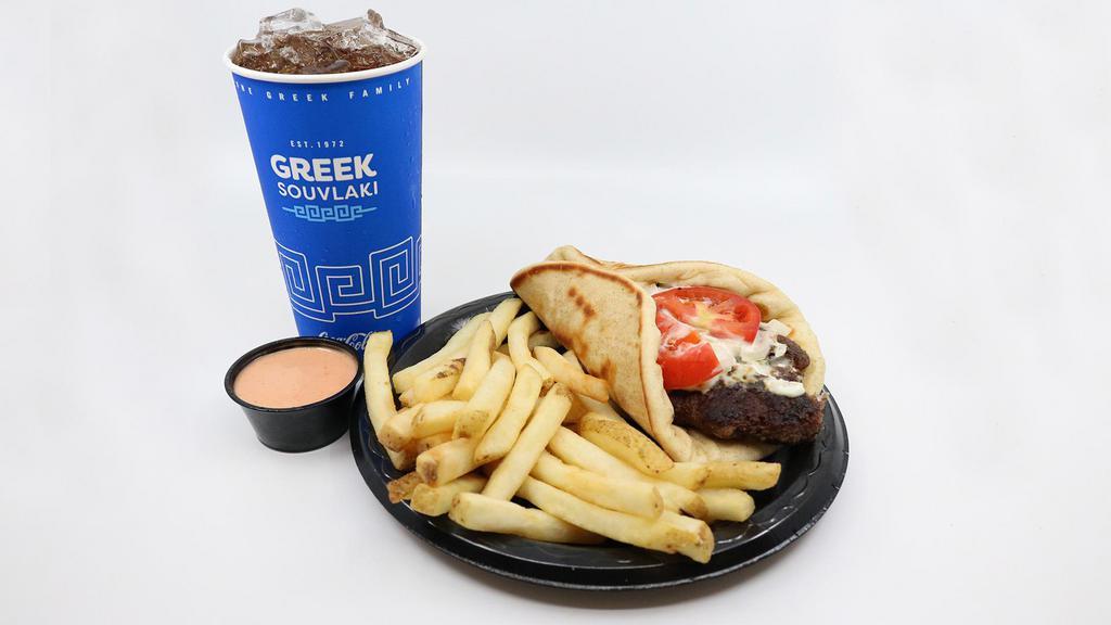 Beefteki Combo · A spiced ground beef patty grilled and made like a yeero with onions, tomatoes, and choice of white (tzatziki) or red sauce. Combos include one side & medium drink.