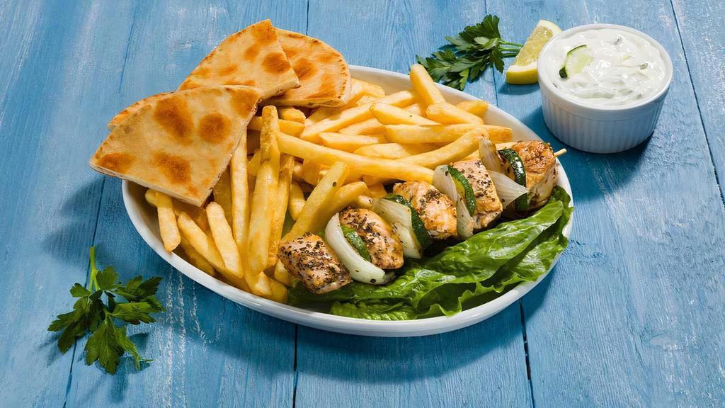 Chicken Souvlaki Entree · Skewered pieces of chicken breast, grilled onions, and grilled zucchini spiced with a lemon accent. Entrees include rice or fries & pita bread.
